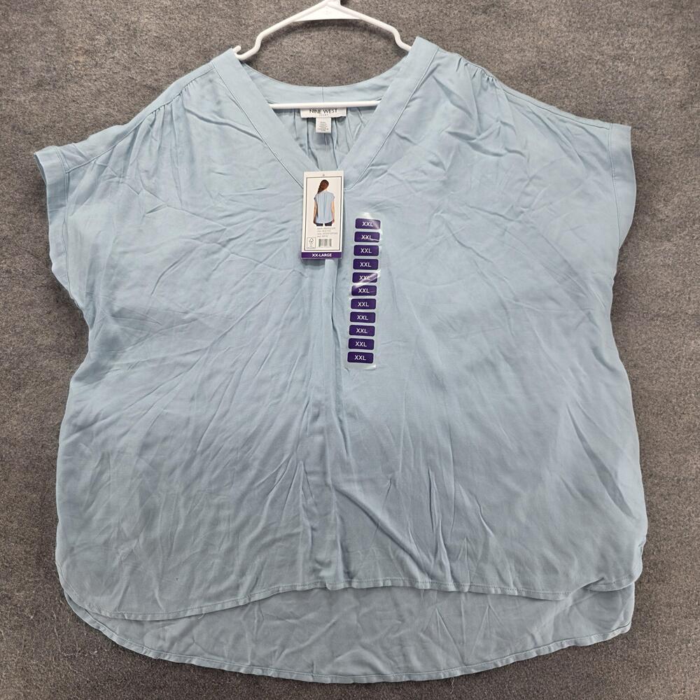 Nine West Jeans Shirt Womens XXL Blue Fog Woven Popover V Neck Tunic Top